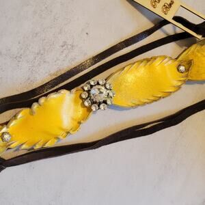 Feathered Leather and Crystal Hatband Golden Yellow